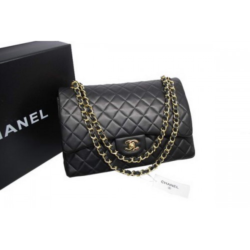 Sac Chanel Maxi Double Flaps de qualité supérieure en cuir d'agneau d'origine noir A36098 or