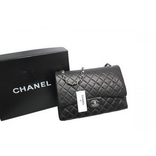 Sac Chanel Maxi Double Flaps de qualité supérieure en cuir d'agneau d'origine noir A36098 argent