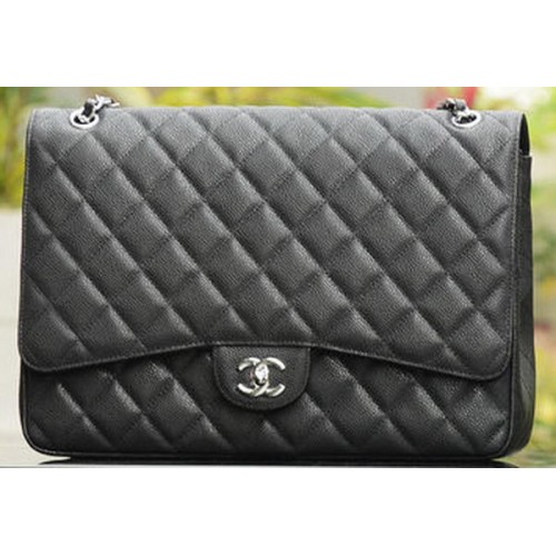 Chanel Maxi Sac à Rabat Classique Matelassé Motifs Cannage Noir A58601 Argent