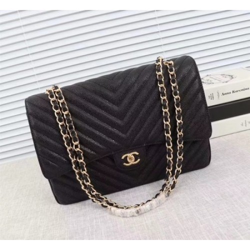 Chanel Maxi Sac à Rabat Classique Matelassé Noir Chevron Cannage Motif A58601 Doré