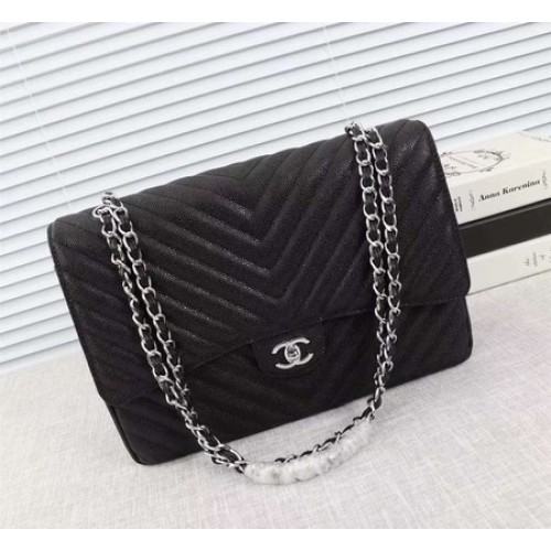 Chanel Maxi Sac à Rabat Classique Matelassé Noir Chevron Cannage Motif A58601 Argent