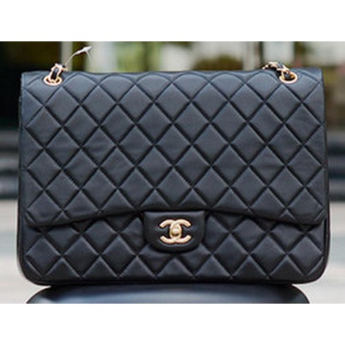 Chanel Maxi Sac à rabat classique matelassé en peau de mouton noir A58601 Or