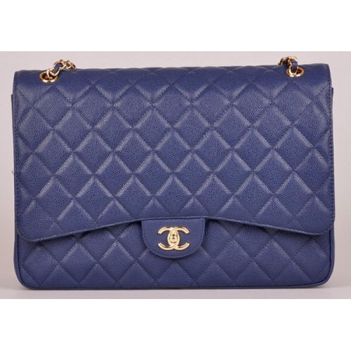 Chanel Maxi Sac à Rabat Classique Matelassé Motif Cannage Bleu A58601 Doré