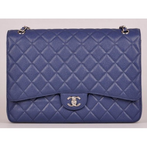 Chanel Maxi Sac à Rabat Classique Matelassé Bleu Cannage Motif A58601 Argent