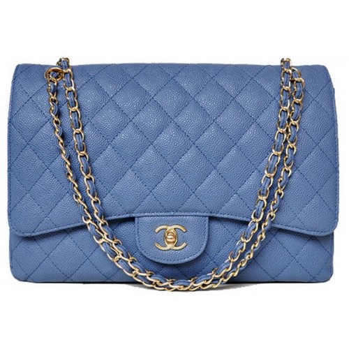 Chanel Maxi Sac à Rabat Classique Matelassé Motifs Cannage Bleu A58601 Doré