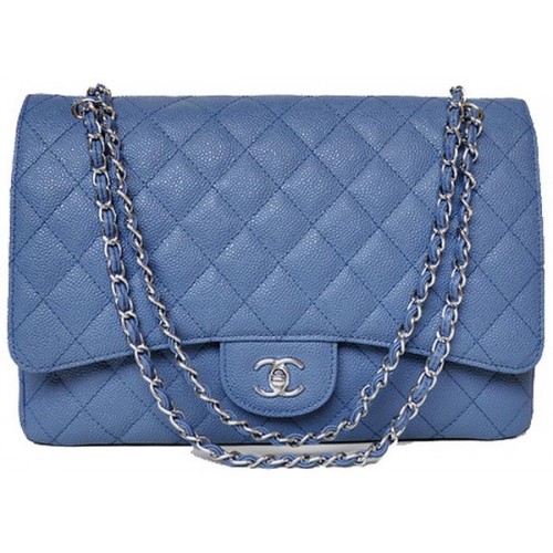 Chanel Maxi Sac à Rabat Classique Matelassé Motifs Cannage Bleu A58601 Argent