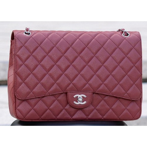 Chanel Maxi Sac à rabat classique matelassé Maroon Cannage Pattern A58601 Argent