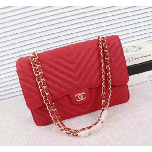 Chanel Maxi Sac à Rabat Classique Matelassé Rouge Chevron Cannage Motif A58601 Doré