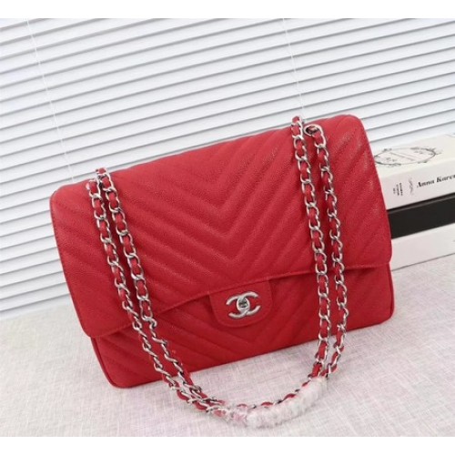 Chanel Maxi Sac à Rabat Classique Matelassé Rouge Chevron Cannage Motif A58601 Argent