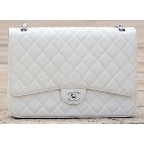 Chanel Maxi Sac à Rabat Classique Matelassé Blanc Motif Cannage A58601 Argent