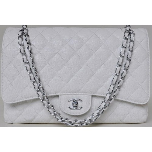 Chanel Maxi Sac à rabat classique matelassé Blanc Cannage Patterns A58601 Argent