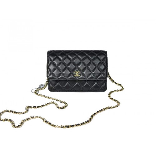 Mini sac à rabat Chanel pas cher A33814 en cuir d'agneau noir doré