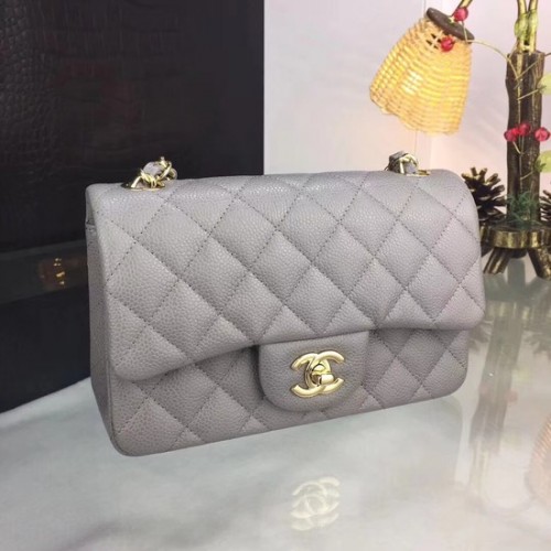 Sac bandoulière Chanel Original Caviar Leather Flap CF1116 Gris argenté Chaîne dorée