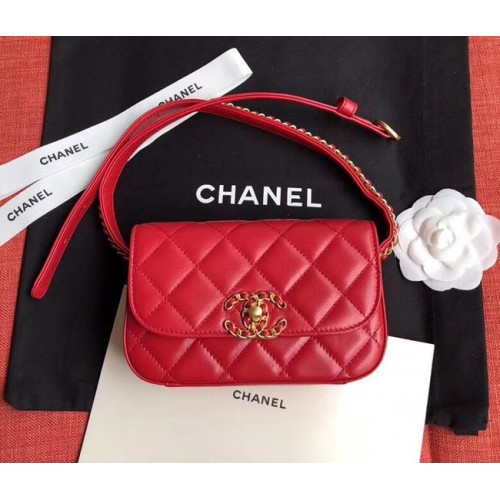 Chanel Original Sac Ceinture En Cuir De Mouton Rouge 33866 Or
