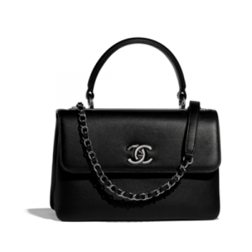 Chanel Original petit sac à rabat avec poignée supérieure A92236 Cuir de veau noir-Métal finition ruthénium
