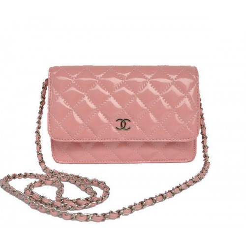 Chanel Sac à rabat en cuir verni A33814 Rose Argent