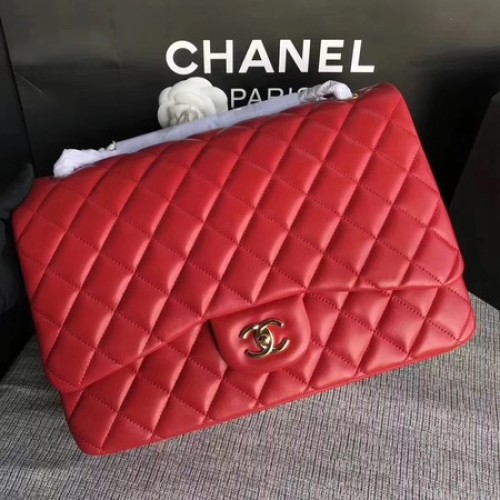 Chanel Maxi Sac à rabat classique matelassé en cuir de mouton rouge A58601 Or