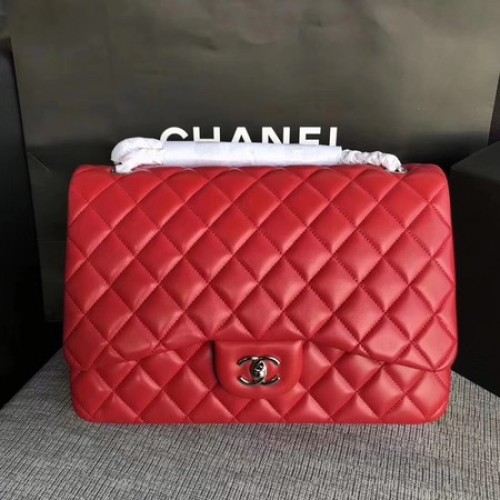 Chanel Maxi Sac à rabat classique matelassé en cuir de mouton rouge A58601 Argent
