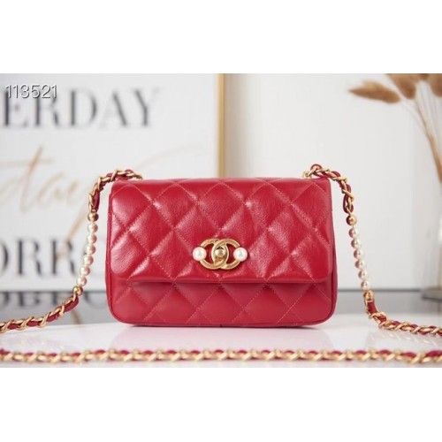 Chanel PETIT SAC À RABAT Cuir de veau Perles d'imitation Métal doré AS3000 rouge