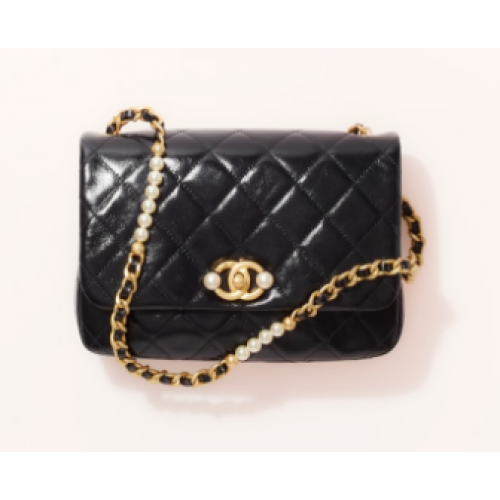 Chanel PETIT SAC À RABAT Cuir de veau Perles d'imitation Métal doré AS3001 noir