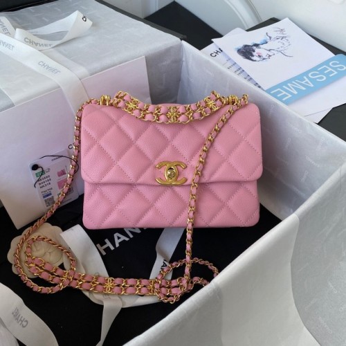 Chanel PETIT SAC À RABAT Veau grainé Métal doré AS3580 rose