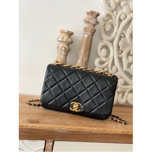 Chanel PETIT SAC À RABAT Agneau Métal Doré AS3367 noir