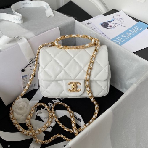Chanel PETIT SAC À RABAT Agneau Métal doré AS3450 blanc