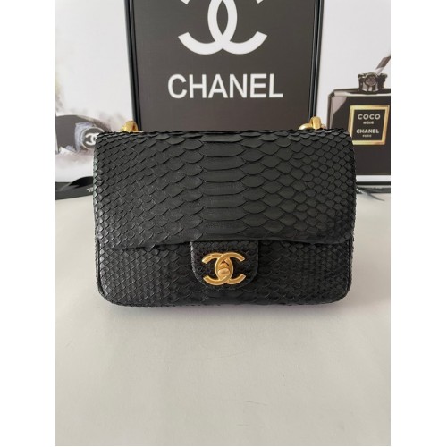 Chanel PETIT SAC À RABAT Snakeskin Gold-Tone Metal AS3214 noir
