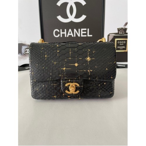 Chanel PETIT SAC À RABAT Snakeskin Gold-Tone Metal AS3214 noir&or