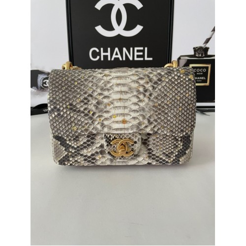 Chanel PETIT SAC À RABAT Snakeskin Gold-Tone Metal AS3214 gris
