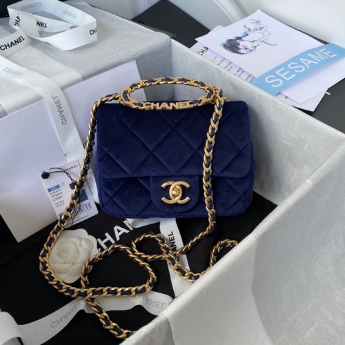 Chanel PETIT SAC À RABAT Velours Métal Doré AS3450 bleu