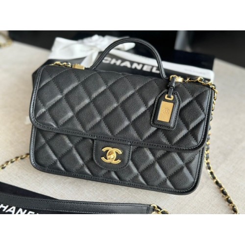 Chanel PETIT SAC À RABAT AVEC POIGNÉE SUPÉRIEURE Cuir de veau grainé AS3653 noir