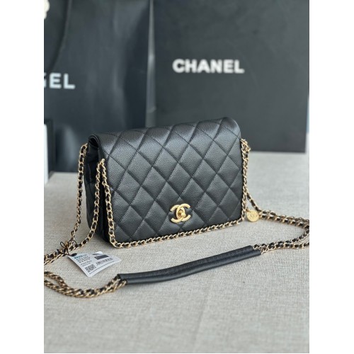 Chanel PETIT Sac à Rabat Cuir de veau grainé Métal doré AS3467 noir