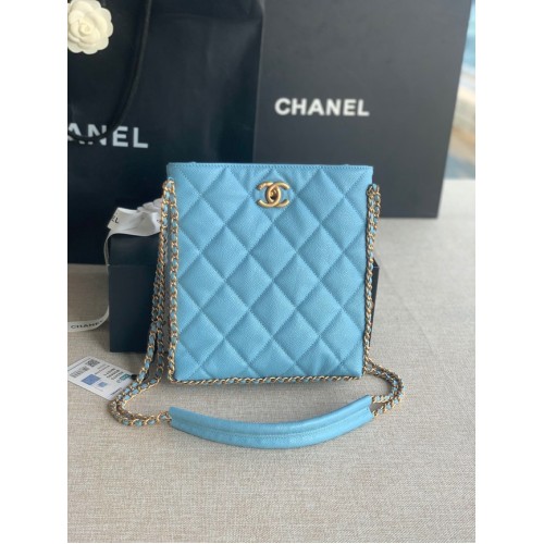 Chanel PETIT SAC SHOPPING Veau grainé Métal doré AS3470 bleu clair
