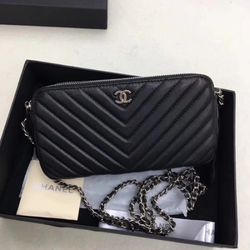 Chanel Sac Bandoulière Cuir Mouton Noir V6845 Argent