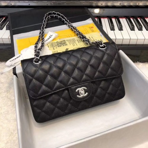 Chanel Petit sac à main classique Cuir de veau grainé Métal argenté A01113 noir