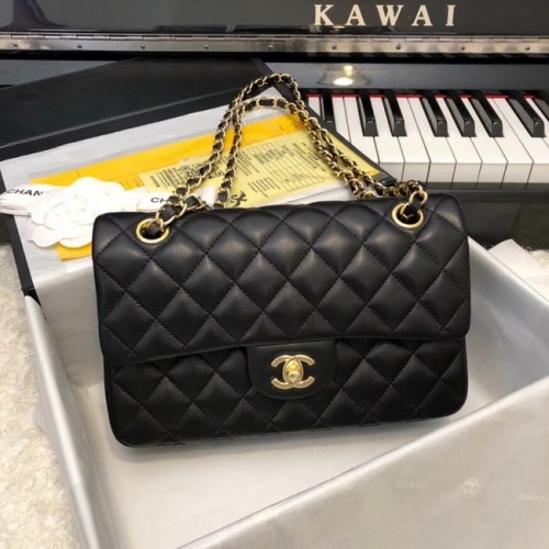 Chanel Petit sac à main classique en peau de mouton métal doré A01113 noir