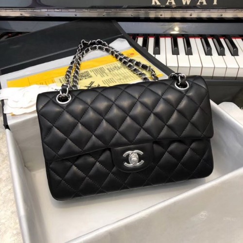 Chanel Petit sac à main classique en peau de mouton métal argenté A01113 noir