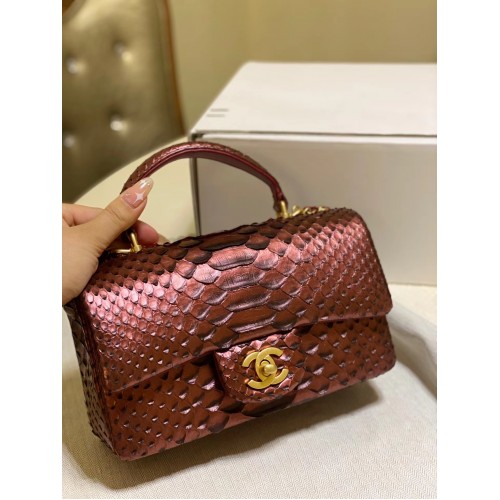 Chanel Mini sac à rabat en peau de serpent avec poignée supérieure AS2431 Bordeaux