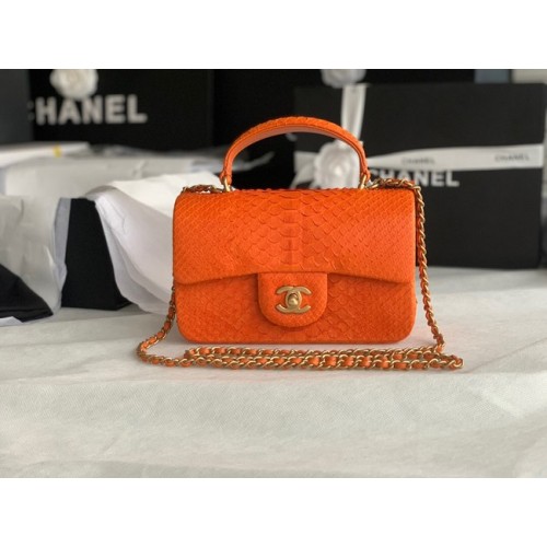 Chanel Mini sac à rabat en peau de serpent avec poignée supérieure AS2431 orange