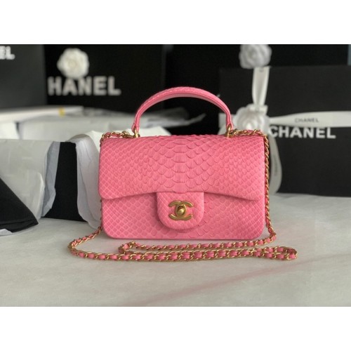 Chanel Mini sac à rabat en peau de serpent avec poignée supérieure AS2431 rose