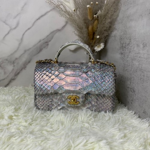 Chanel Mini sac à rabat en peau de serpent avec poignée supérieure AS2431 argent