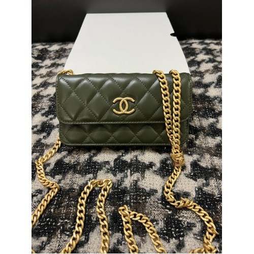 Chanel PORTEFEUILLE SUR CHAINE Agneau Métal Doré 68107 vert