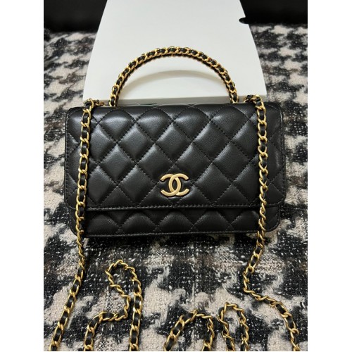 Chanel PORTEFEUILLE SUR CHAINE Agneau Métal Doré 68113 noir