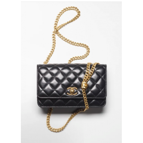 Chanel PORTEFEUILLE SUR CHAINE Agneau Métal Doré AP3043 Noir