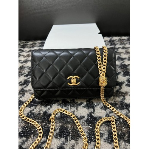 Chanel PORTEFEUILLE SUR CHAINE Agneau Métal Doré AP3043 noir