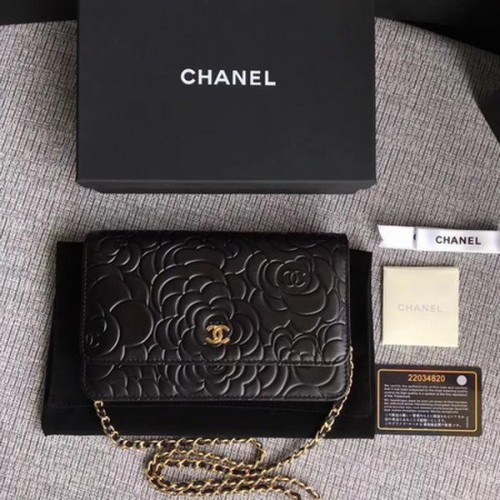Chanel WOC Mini sac à rabat en cuir de camélia noir A33814 Or
