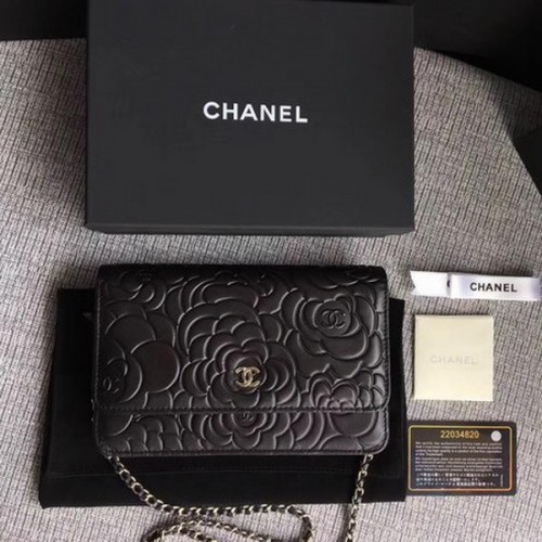 Chanel WOC Mini sac à rabat en cuir de camélia noir A33814 Argent