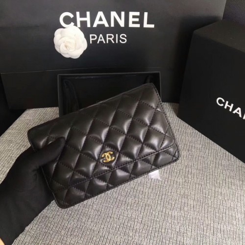 Sac à rabat Chanel WOC en cuir de mouton noir d'origine 33814 Glod