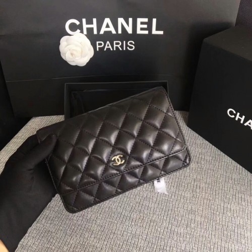 Chanel WOC Flap Bag Noir Original en Cuir de Mouton 33814 Argent